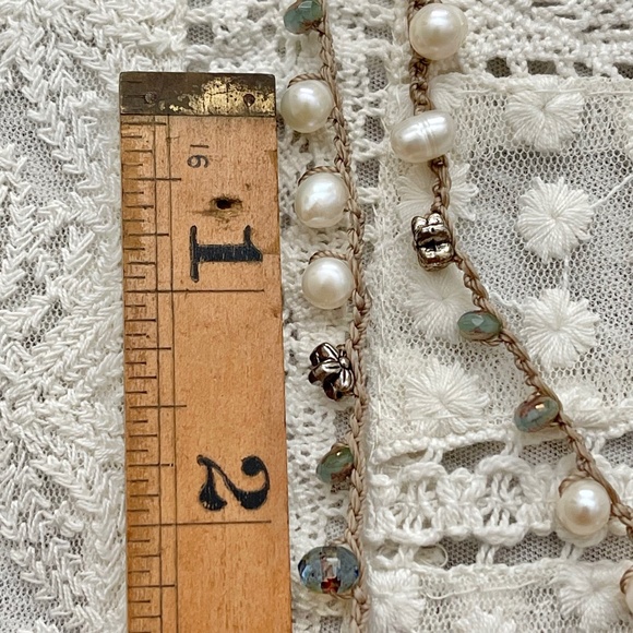 ARTISAN Necklace “Pearls in the Mist” on Sepia Long Crocheted Wrap - Picture 10 of 14